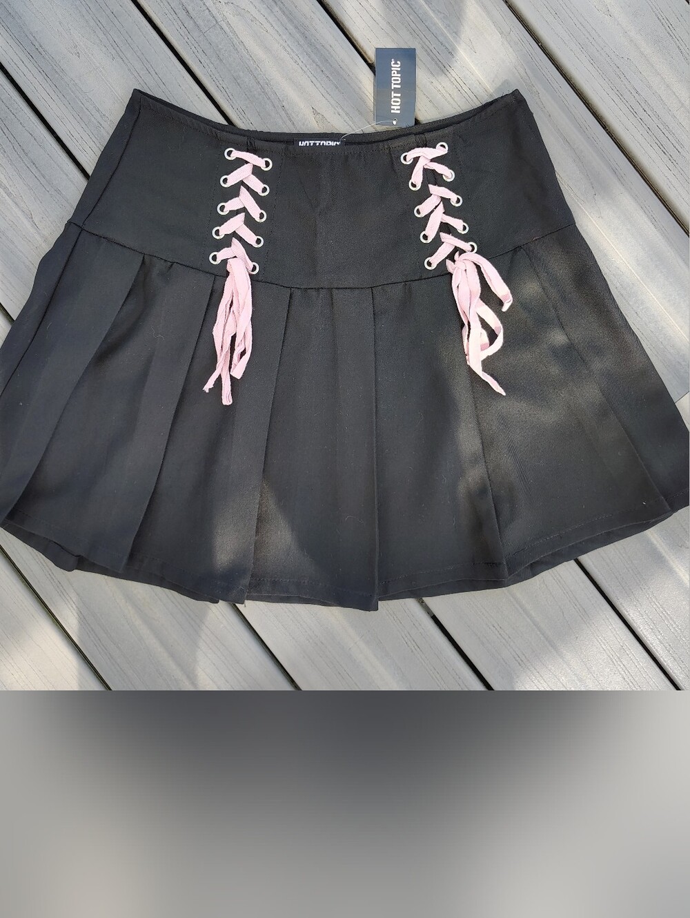 Hot Topic Black Skater Skirt with Pink Lace-Up Front. Size Large
